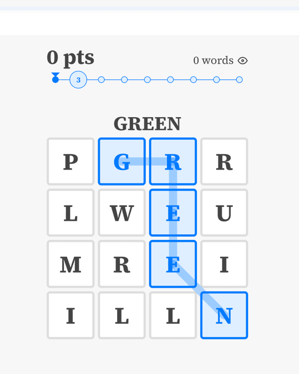 Screenshot of Wordhuntle, a daily word game