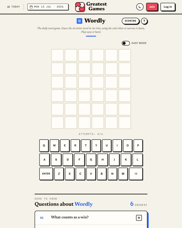 Screenshot of Wordly, a daily word game