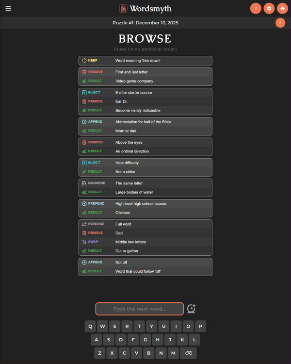 Screenshot of Wordsmyth, a daily word game