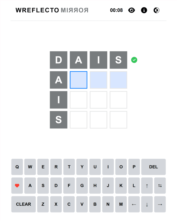 Screenshot of Wreflecto Mirror, a daily word game