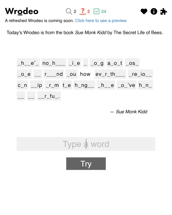 Screenshot of Wrodeo, a daily word game