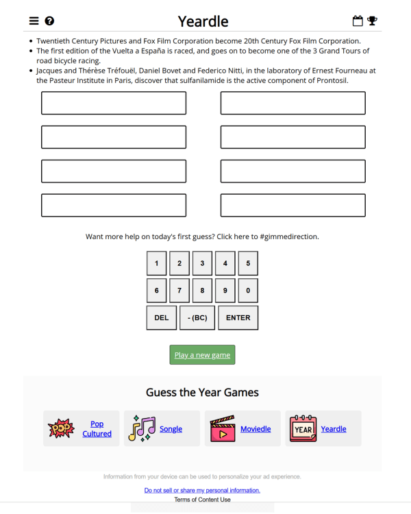 Screenshot of Yeardle, a daily trivia game