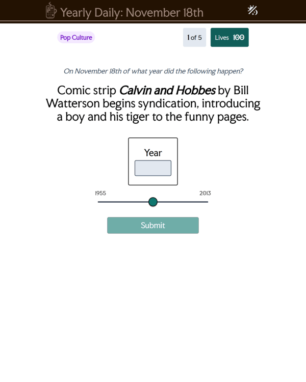 Screenshot of Yearly Daily, a daily trivia game