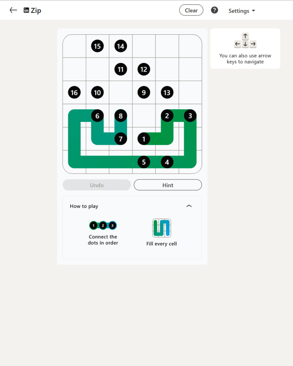 Screenshot of Zip (LinkedIn), a daily visual game