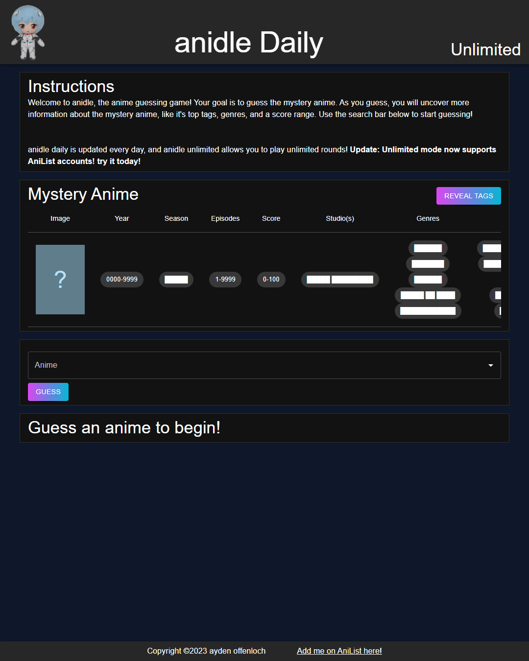 Screenshot of Anidle