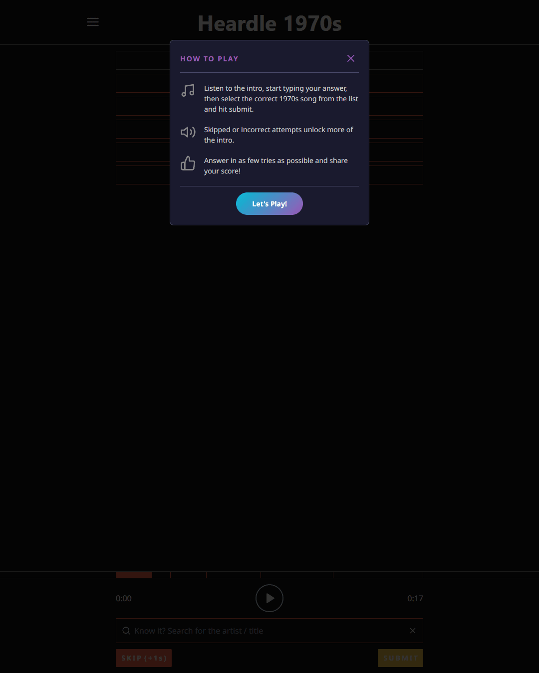 Screenshot of Heardle 1970's