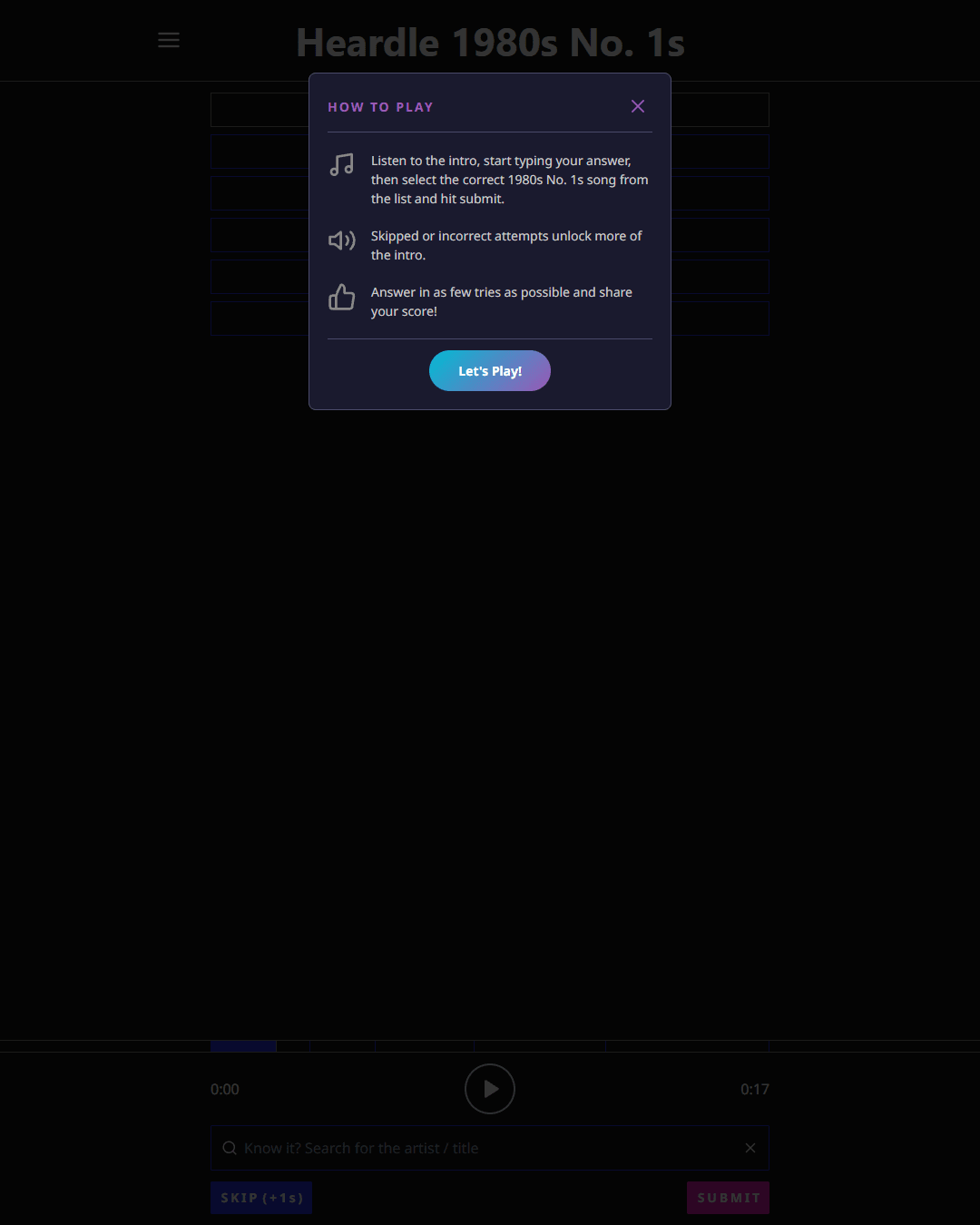 Screenshot of Heardle 1980's