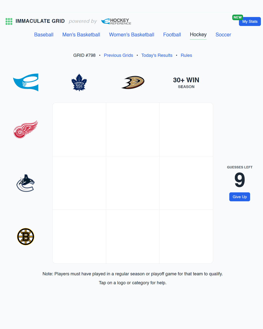 Screenshot of Immaculate Grid: Hockey