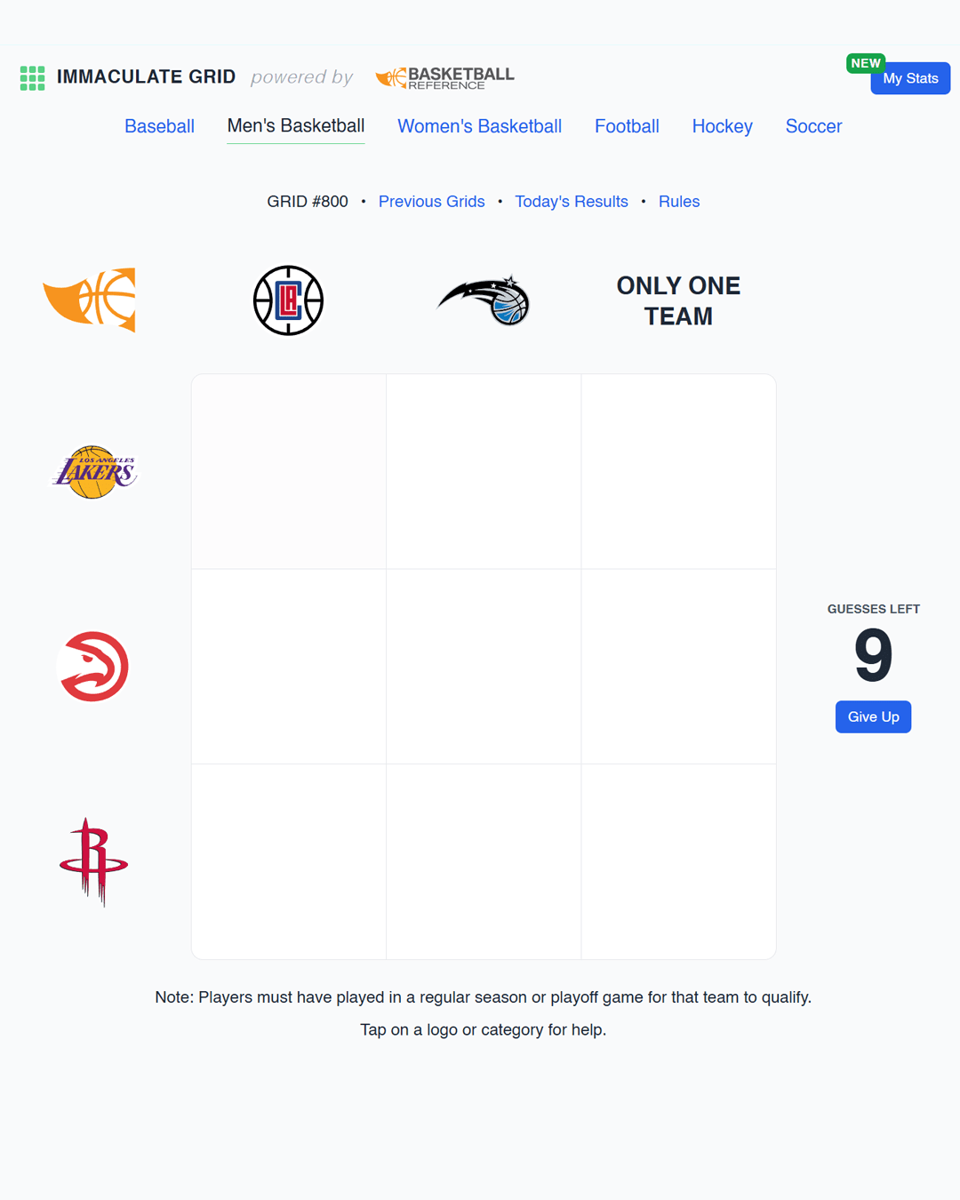 Screenshot of Immaculate Grid: Men's Basketball