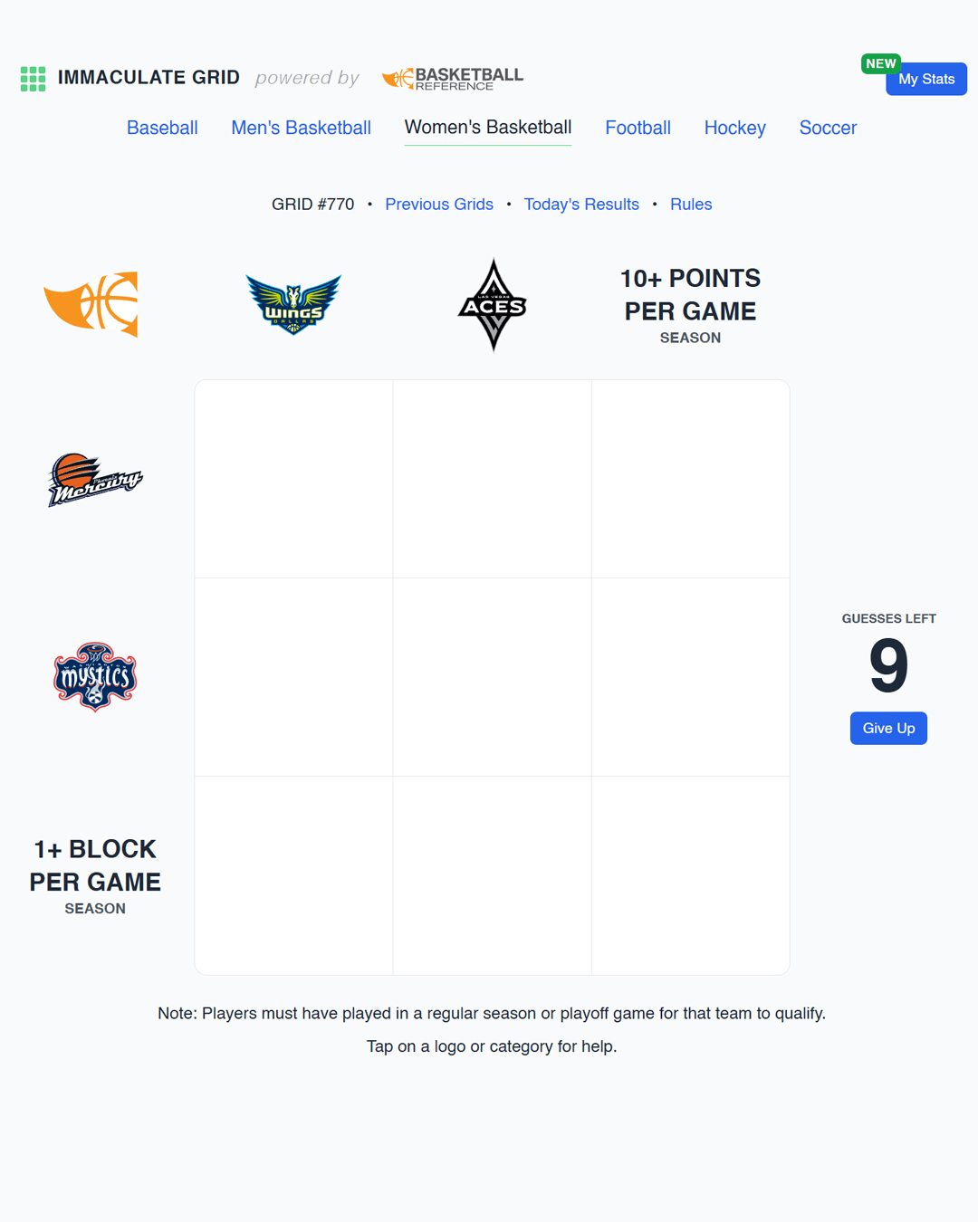 Screenshot of Immaculate Grid: Women's Basketball