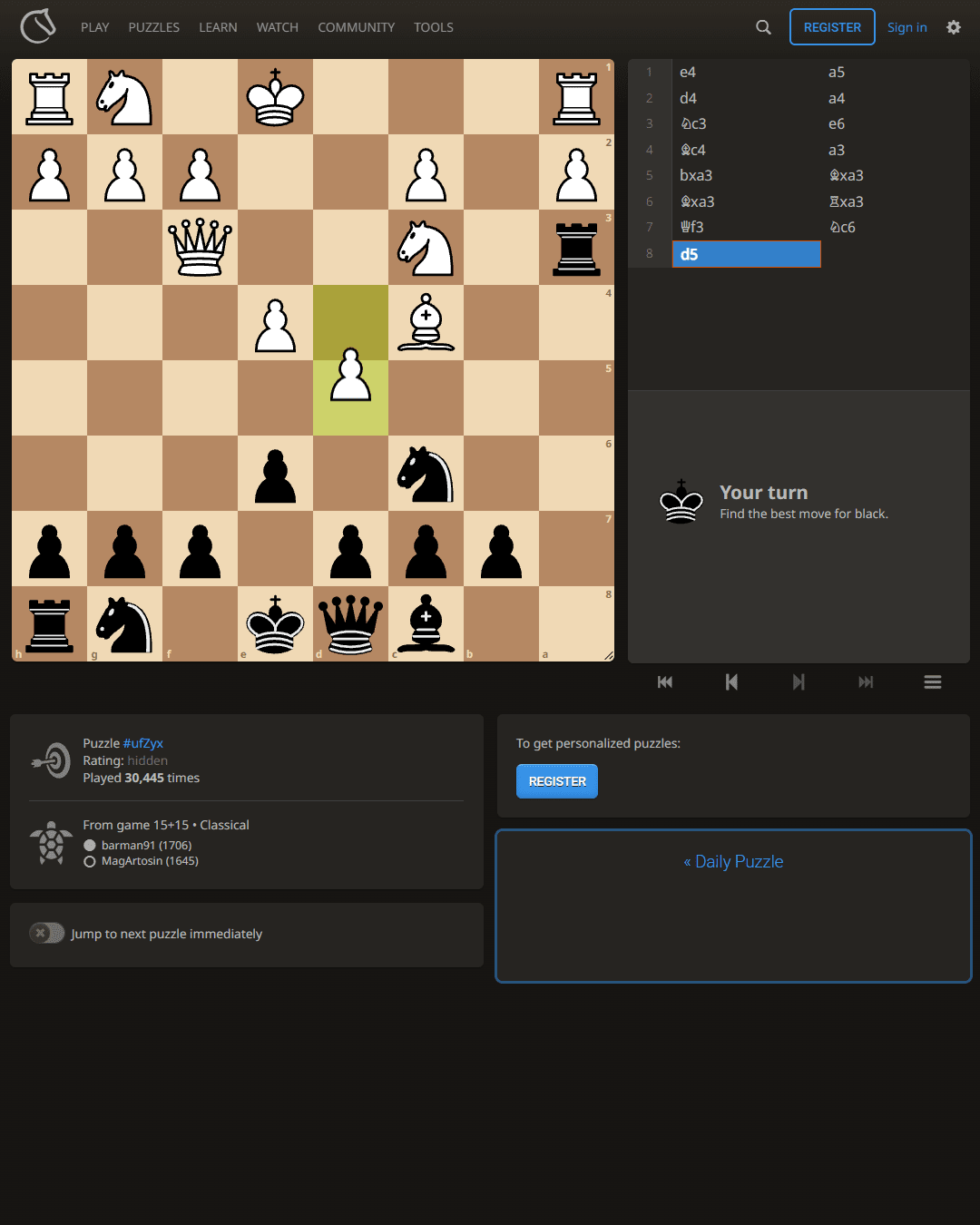 Screenshot of Lichess Daily Puzzle