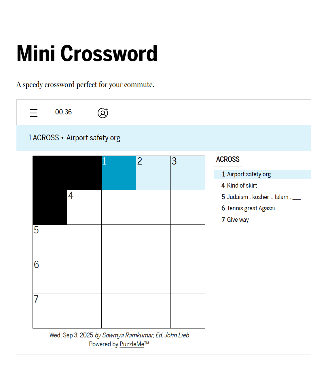 Screenshot of Mini Crossword (Boston Globe)