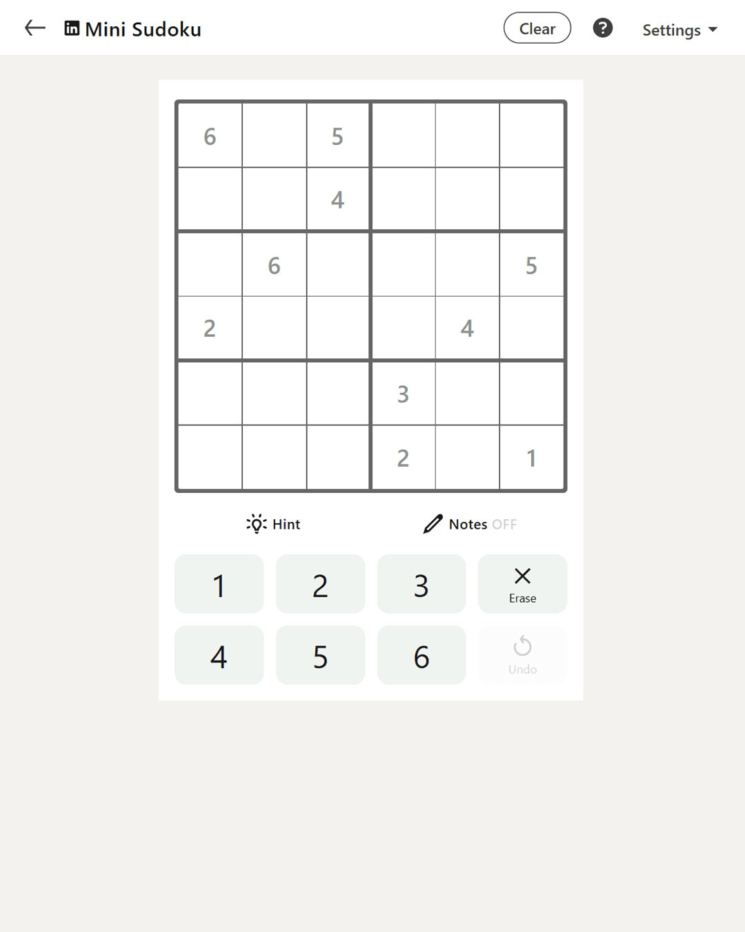 Screenshot of Mini Sudoku (LinkedIn)