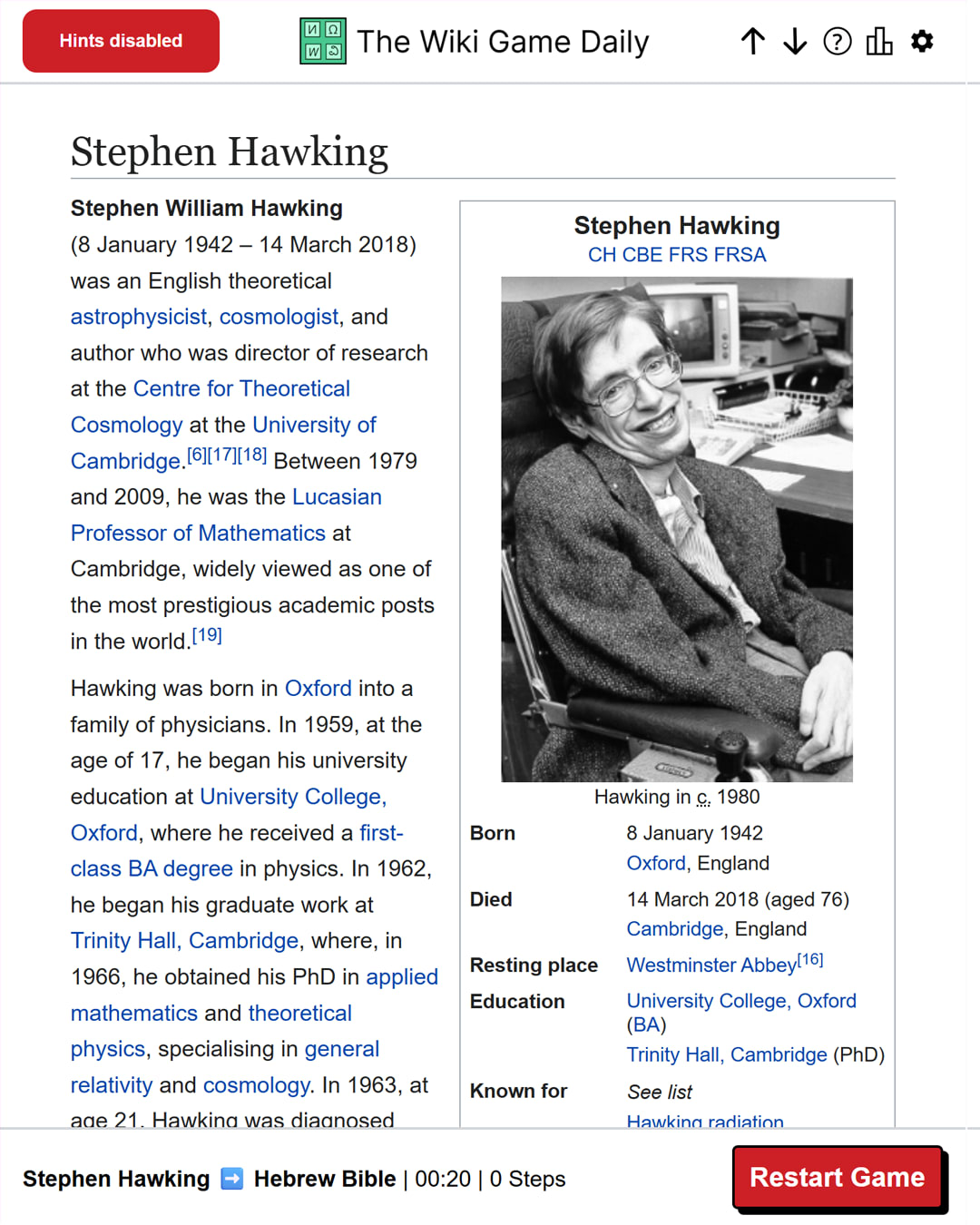 Screenshot of The Wiki Game Daily