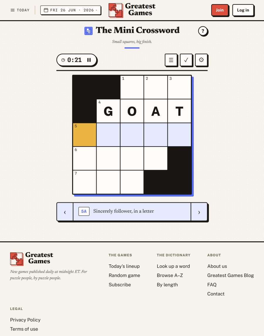 Greatest Games Mini Crossword screenshot