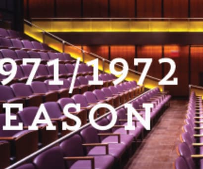 White text reads 1971/72 Season. Background is a photo inside Playwrights' Mainstage theater. There are rows of purple seats and illuminated wood walls.