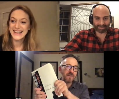 Actress Marin Ireland (a white woman wearing a black top), writer David Adjmi (wearing a red plaid shirt), and Artistic Director Adam Greenfield (wearing a gray shirt and holding Adjmi's book, Lot Six), on screen together at a virtual event.
