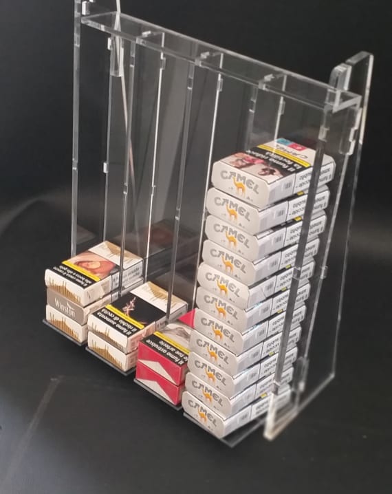 ESPOSITORE PER SIGARETTE DA BANCO IN PLEX  4 COLONNE   (OGNI COLONNA PUO' CONTENERE 13 PACCHETTI)