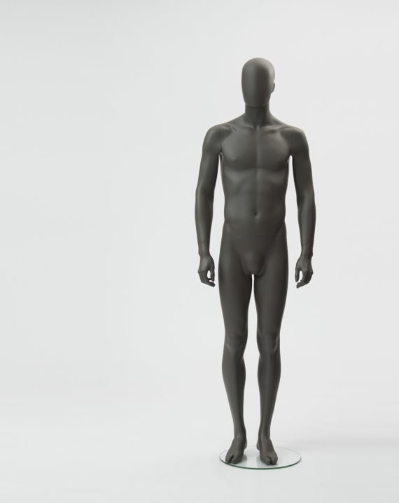 Manichino uomo testa stilizzata, base vetro attacco polpaccio