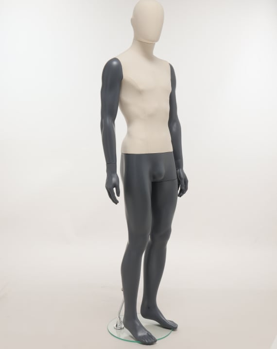 Manichino uomo in plastica, gambe e braccia antracite, busto e testa rivestito misto lino