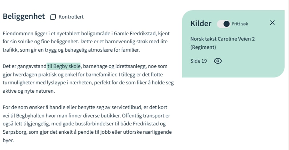 Skjermbilde fra det nye AI-verktøyet. På høyre side ser vi at den bruker en takstrapport som kilde og sammenfatter til en forståelig tekst.