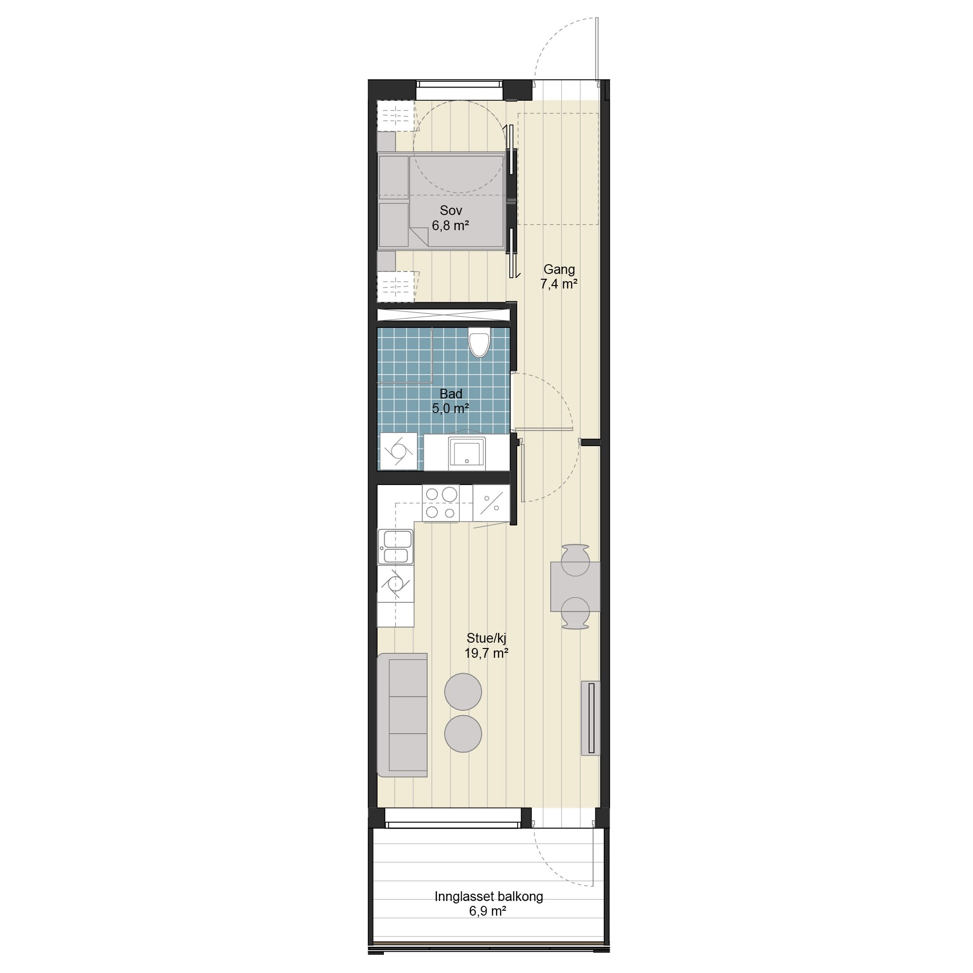 2-roms leilighet med innglasset balkong, 41,5 m² (BRA-i)