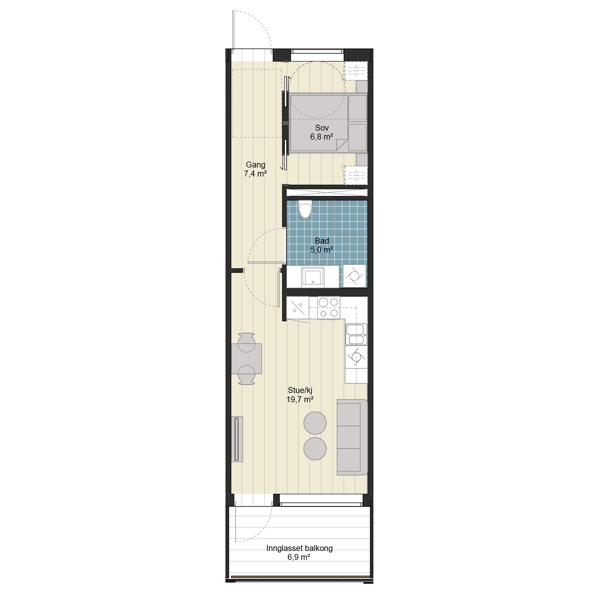 2-roms leilighet med innglasset balkong, 41,5 m² (BRA-i)