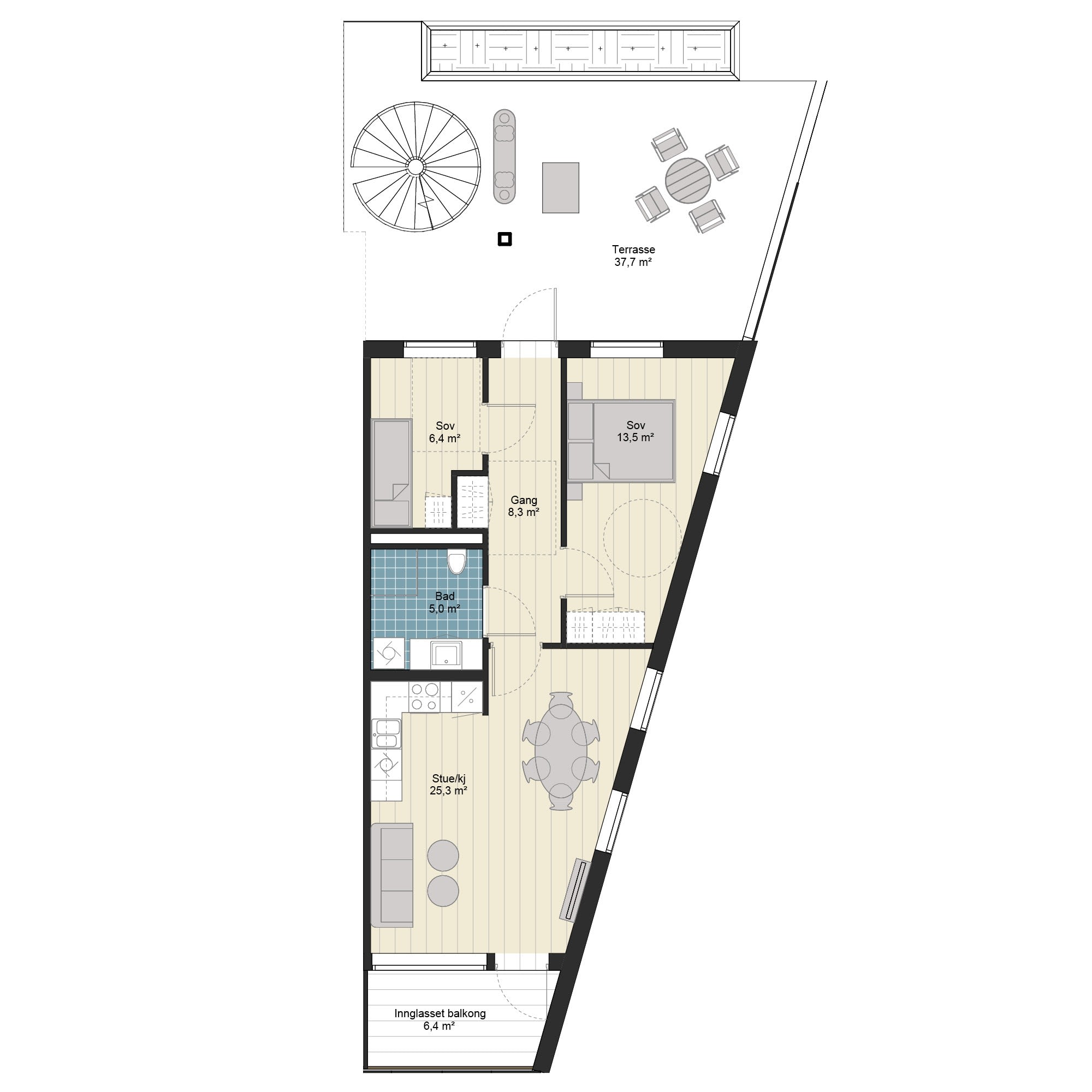 3-roms leilighet med innglasset balkong og stor terrasse, 61,5 m² (BRA-i)