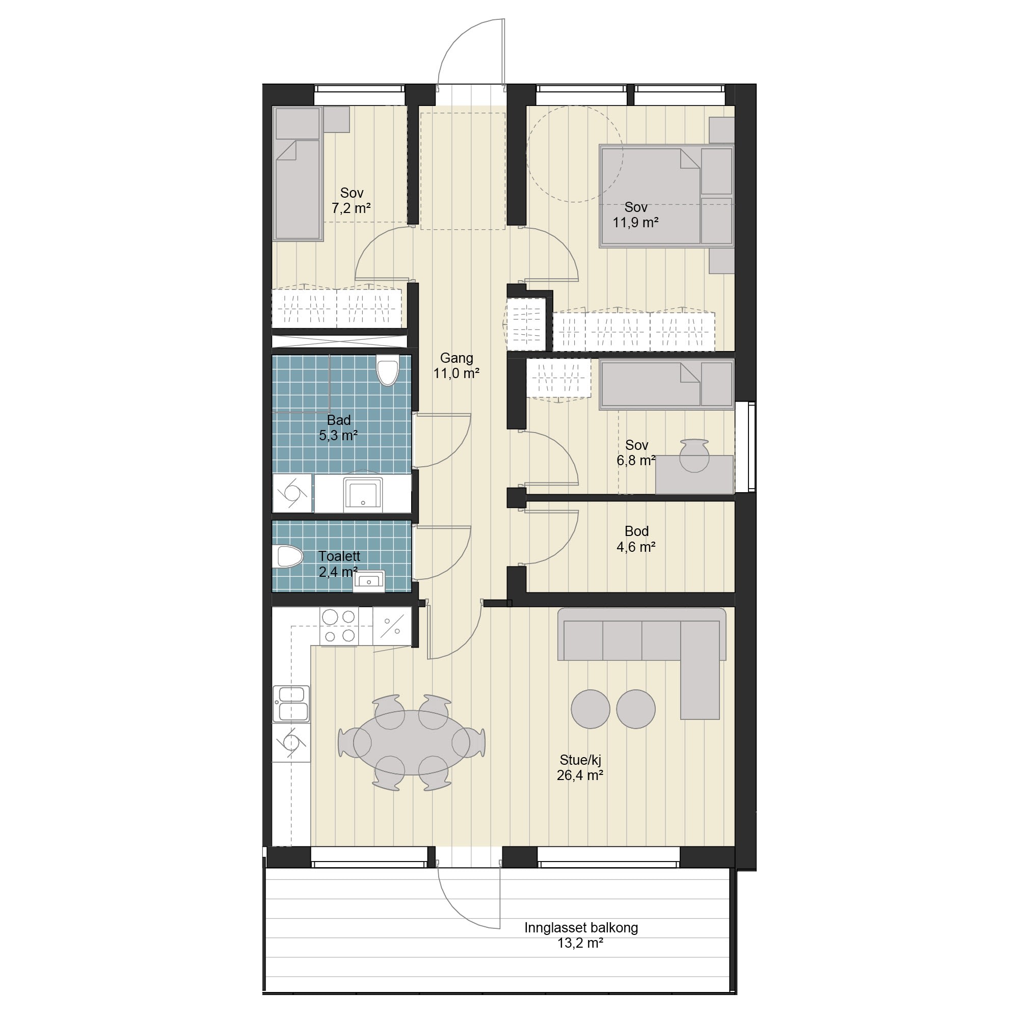 4-roms leilighet med innglasset balkong, bod og bad+toalett, 82 m² (BRA-i)