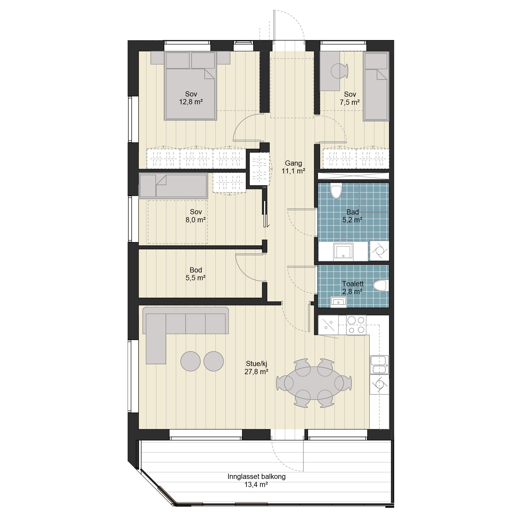 4-roms leilighet med innglasset balkong, bod og bad+toalett, 87 m² (BRA-i)