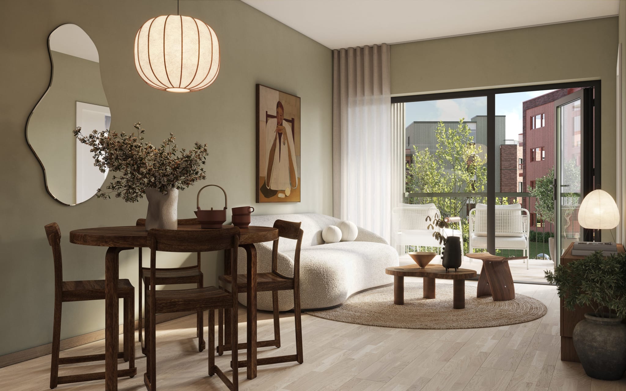 Leiligheten har fin beliggenhet mot skjermet fellesområde (Illustrasjon fra tilsvarende leilighet)