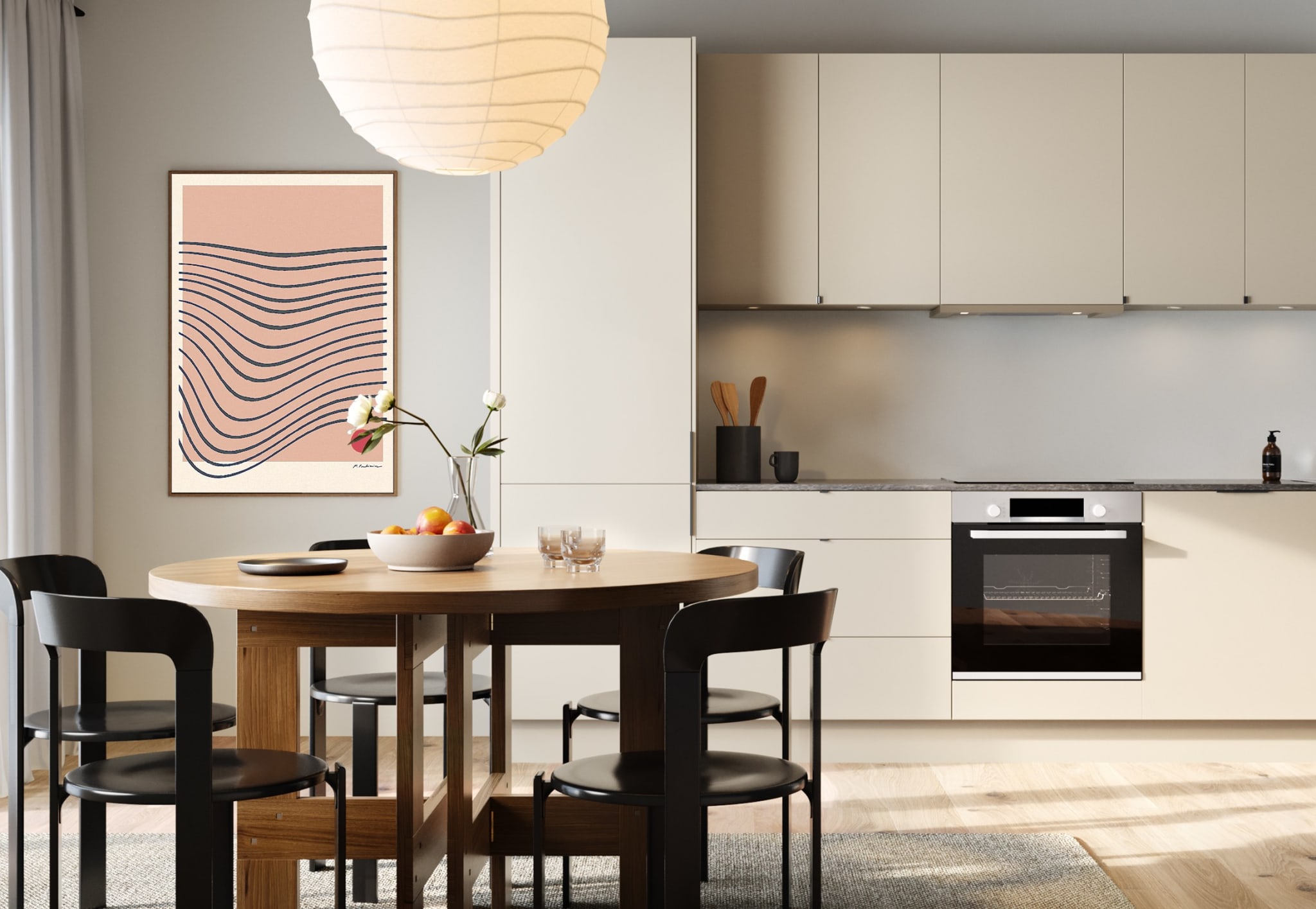 Kjøkkenet er vist med beige fronter og benkeplate i fargen “Rusten metall”