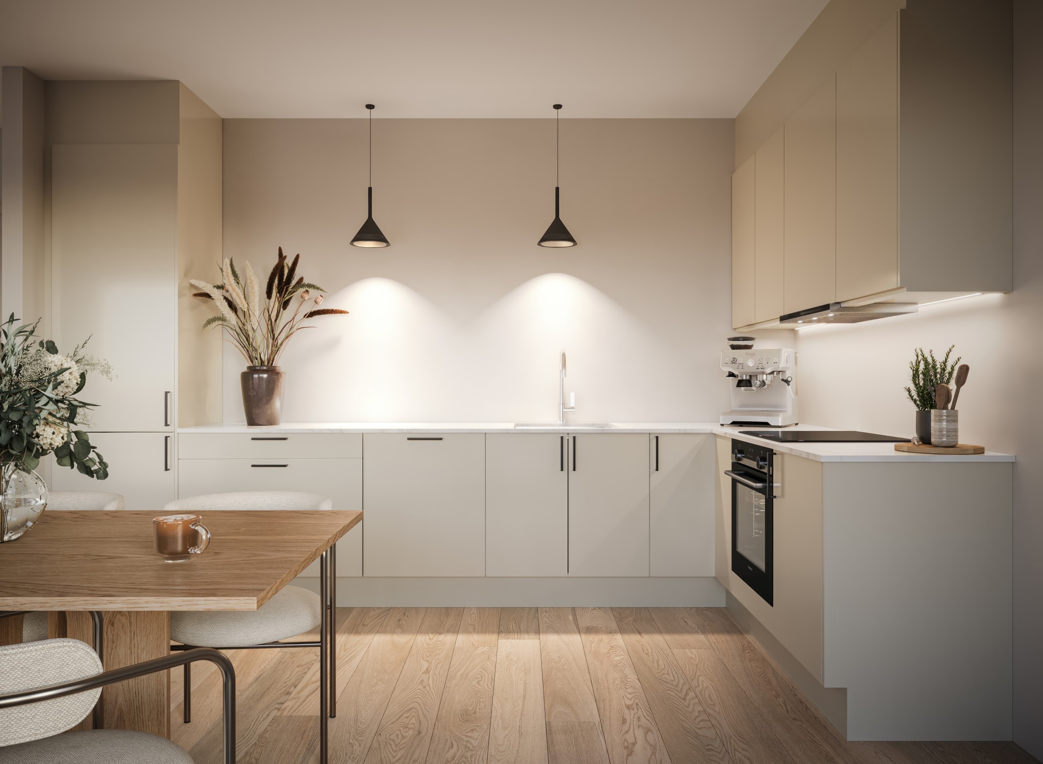 Illustrasjon av leilighet A402 viser standard på kjøkken.