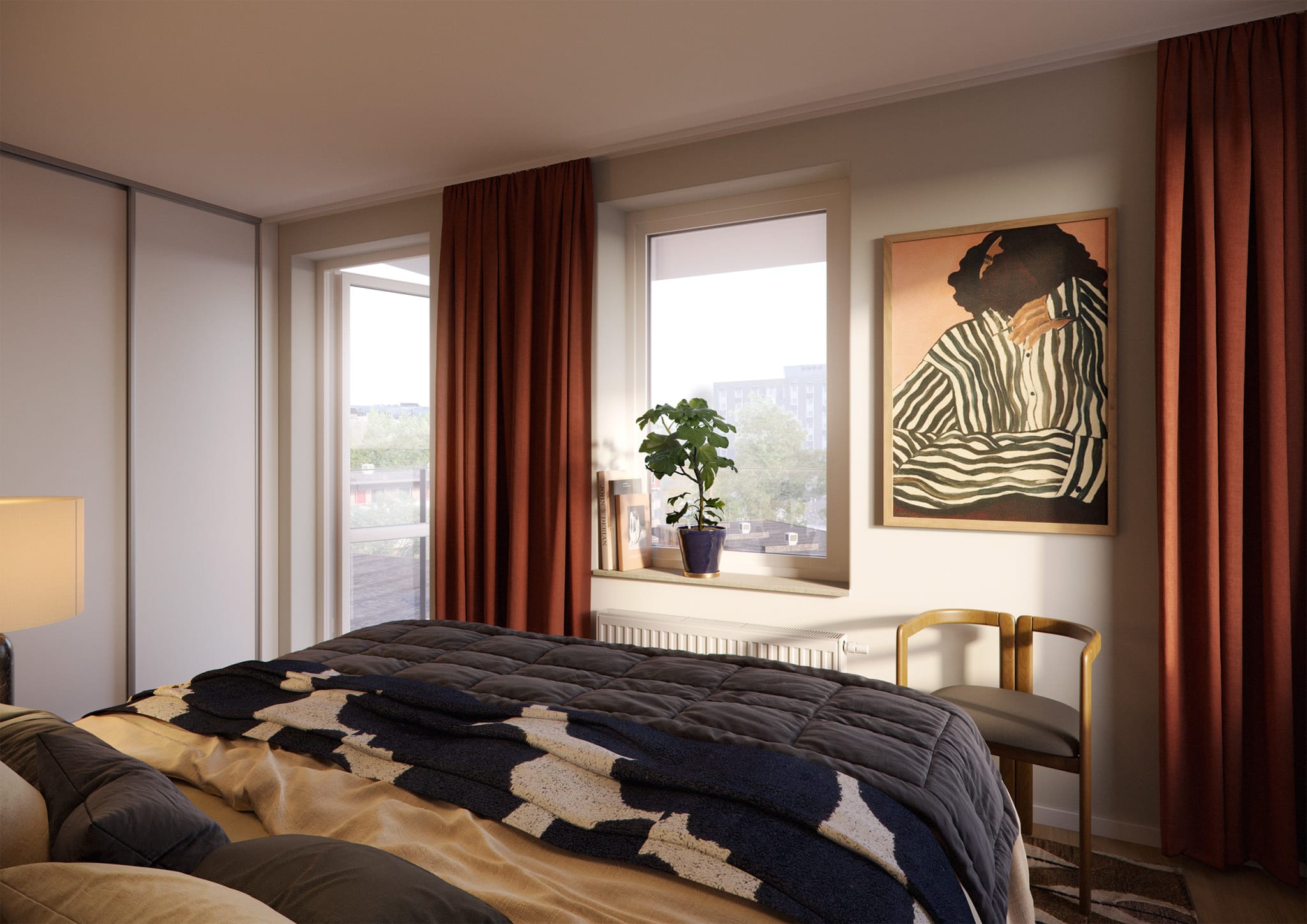 Illustration av sovrum i stilen Sunnan