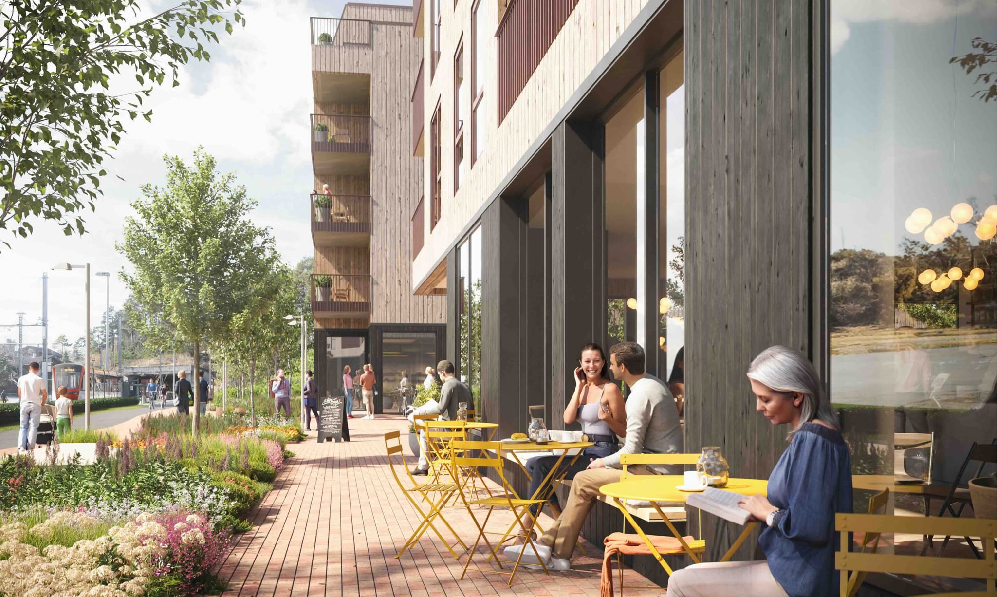 Stasjonstorget: her kan du slappe av og ta en kaffe mens du venter på Bybanen, eller ta handleturen på vei hjem. Coop prix i S1, næring i S2 ikke avklart. Illustrasjon, avvike vil forekomme.