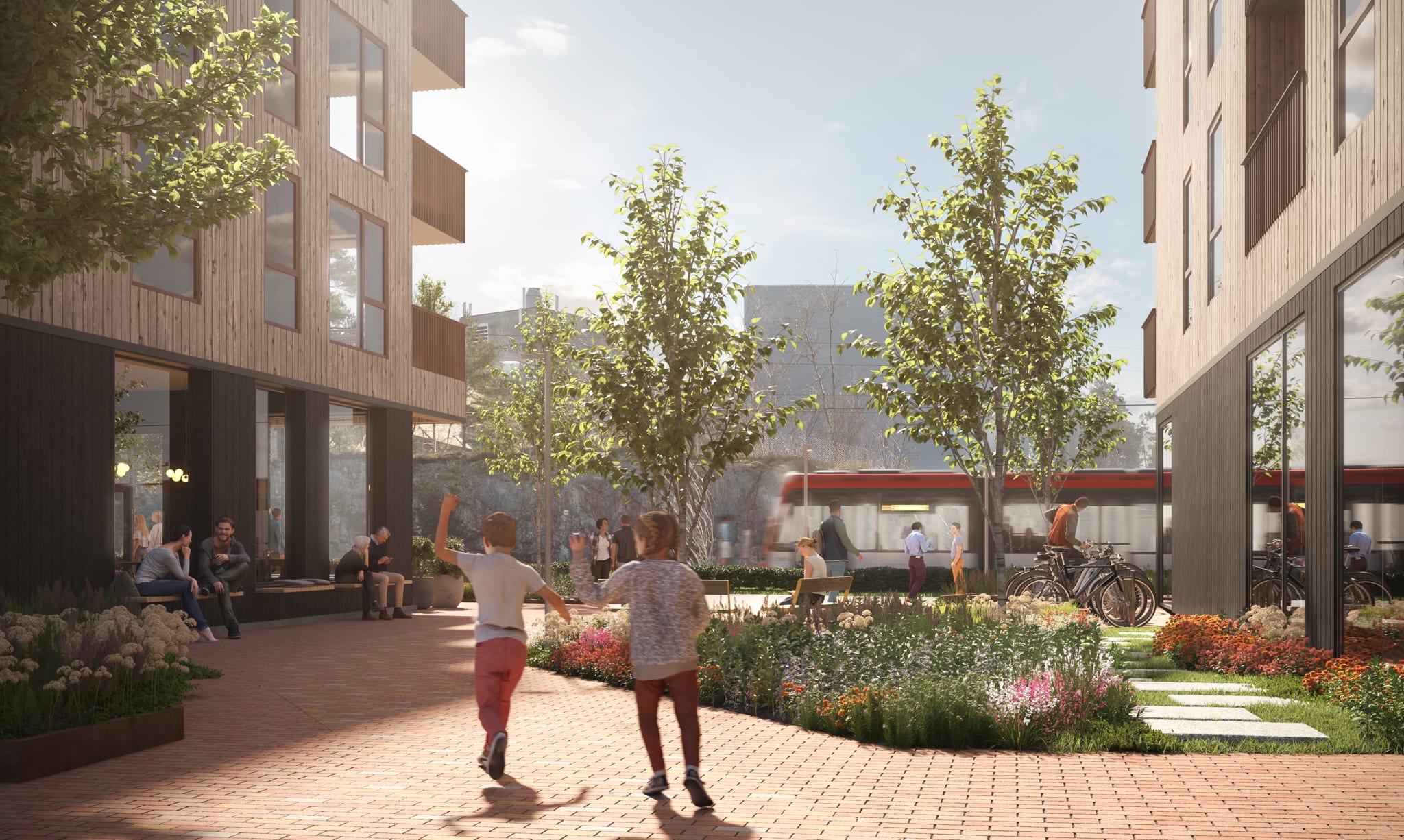 Allmenningen knytter Stasjonstorget til Nedre torg og nærområdet. Coop prix i S1, næring i S2 ikke avklart. Illustrasjon, avvike vil forekomme.