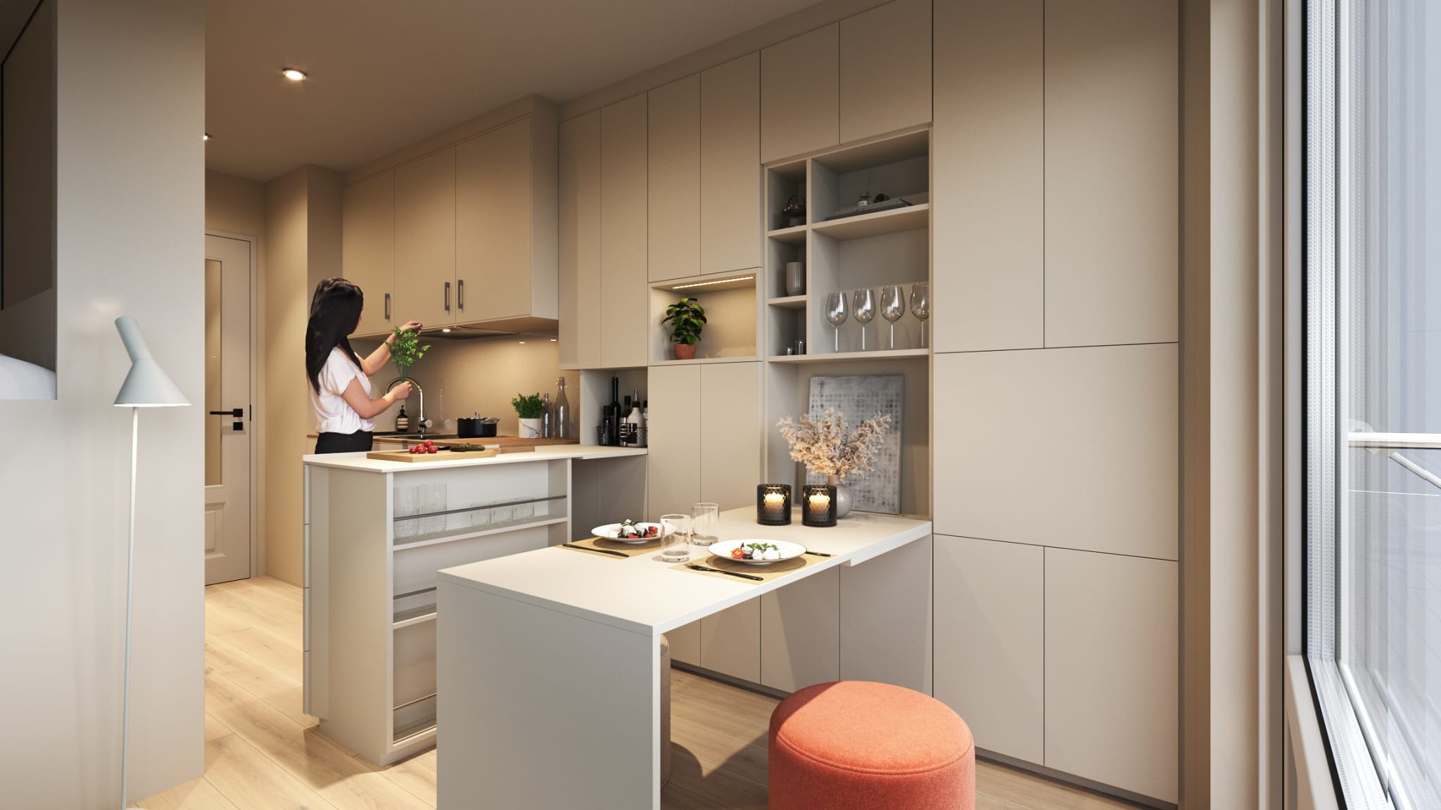 Denne illustrasjonen er et eksempel på hvordan boligkonseptet Nooka kan se ut i en 1-roms leilighet. Avvik vil forekomme.