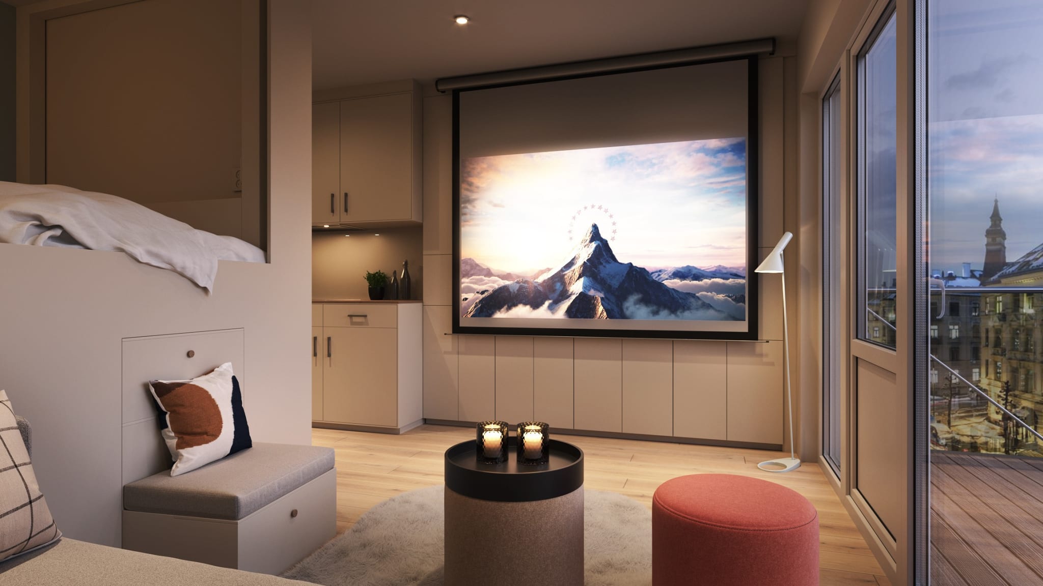 Denne illustrasjonen er et eksempel på hvordan boligkonseptet Nooka kan se ut i en 1-roms leilighet. Avvik vil forekomme.