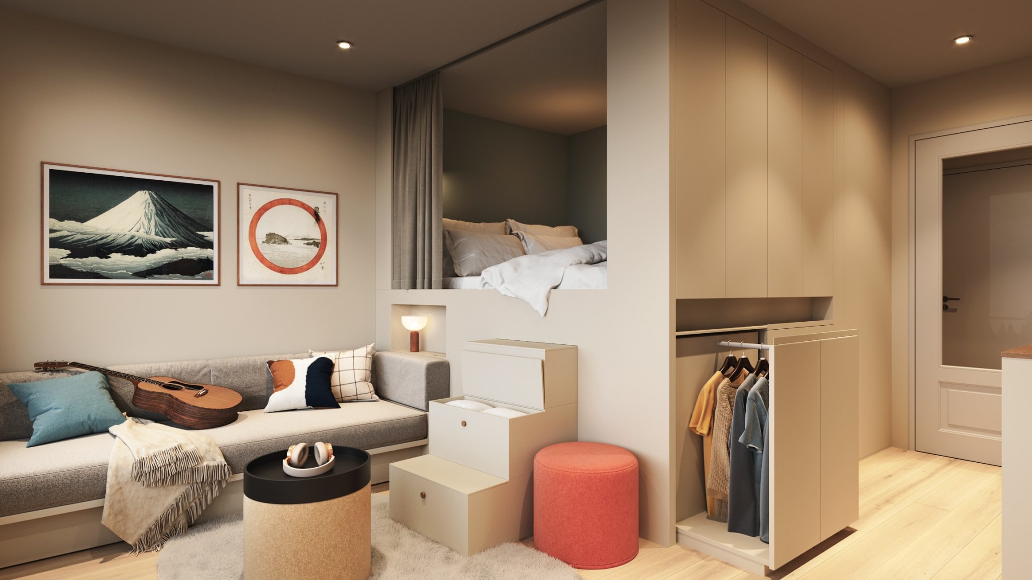 Denne illustrasjonen er et eksempel på hvordan boligkonseptet Nooka kan se ut i en 1-roms leilighet. Avvik vil forekomme.