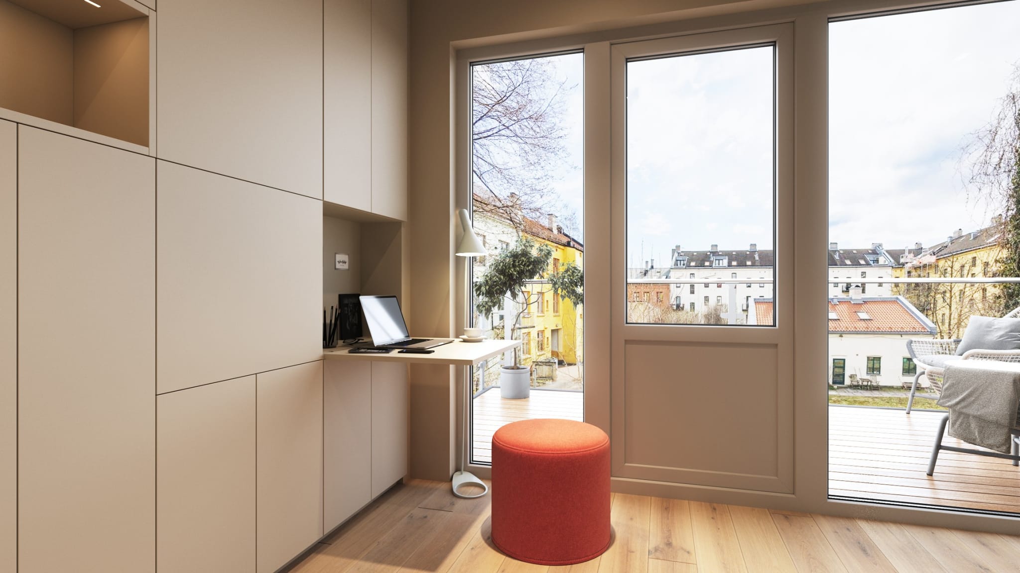 Denne illustrasjonen er et eksempel på hvordan boligkonseptet Nooka kan se ut i en 1-roms leilighet. Avvik vil forekomme.