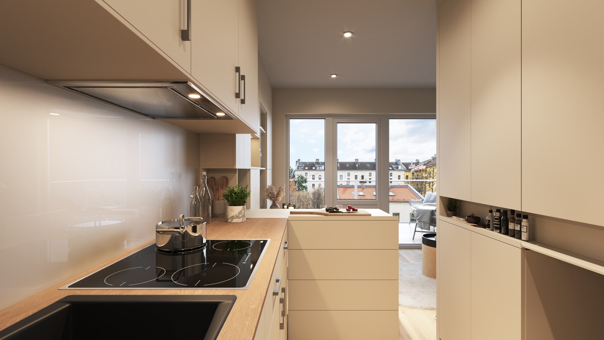 Denne illustrasjonen er et eksempel på hvordan boligkonseptet Nooka kan se ut i en 1-roms leilighet. Avvik vil forekomme.