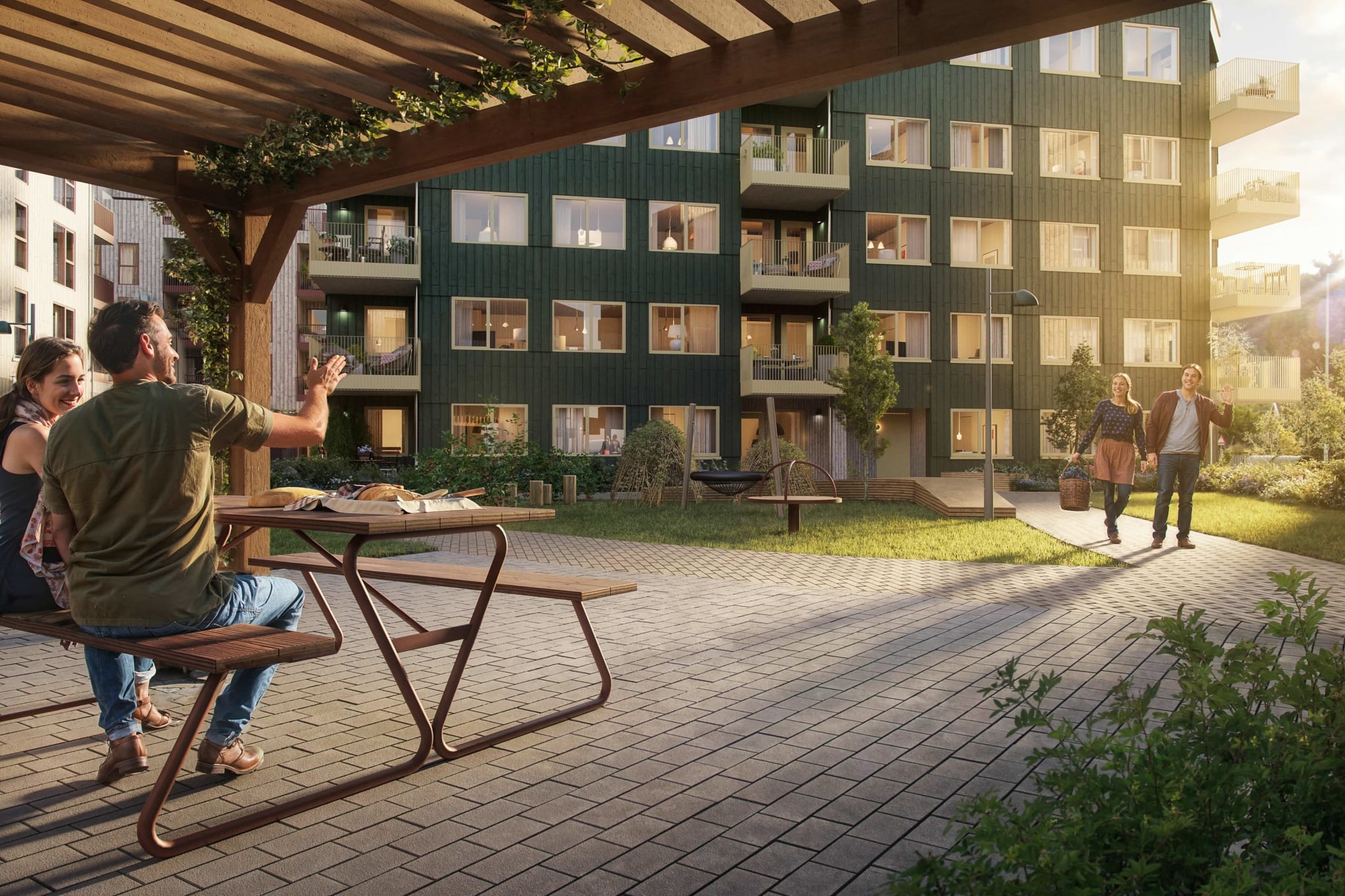 Gårdsrommet: nydelig, skjermet og privat gårdsrom med pergola, benker og lekeapparater. Illustrasjon, avvike vil forekomme.