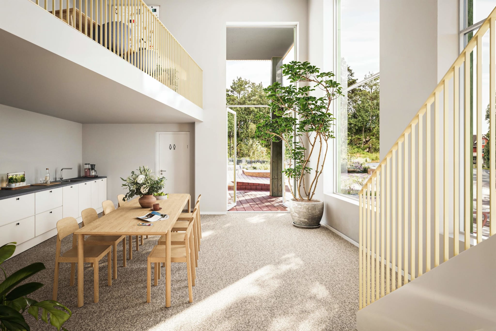 Fellesrom: perfekt for å samle venner, feire store dager eller jobbe i inspirerende omgivelser. Tilgjengelig for hele Sandsli Stasjon. Stasjonstorget. Illustrasjon, avvike vil forekomme.