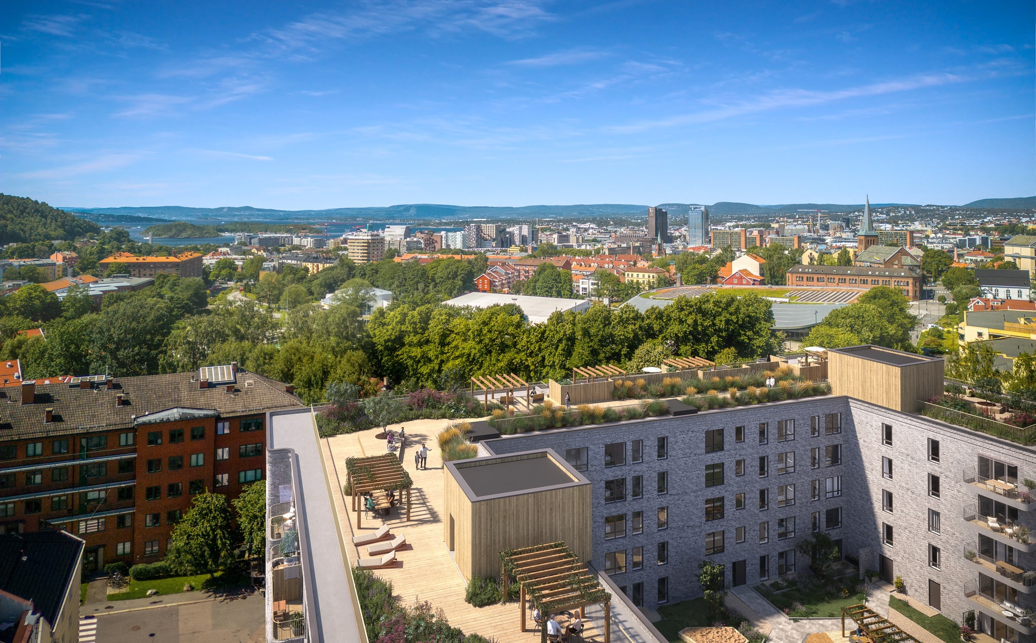 Alle leilighetene i Kampenhagen får tilgang til felles takterrasse med fantastisk utsikt og solforhold, en trivelig bakhage og sykkelparkering