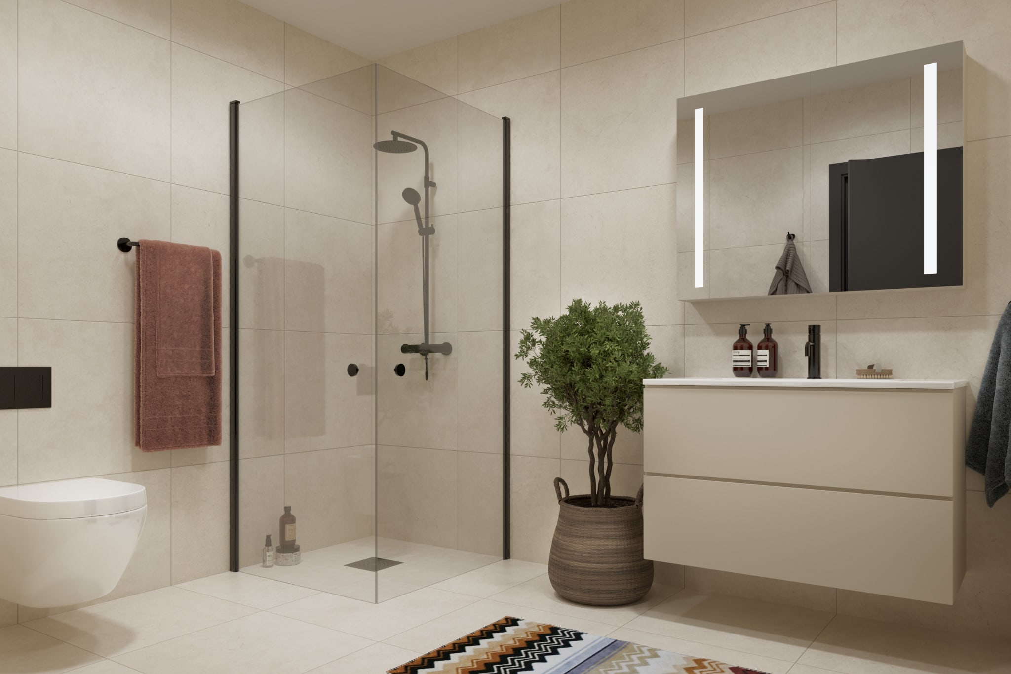 Illustrasjonsbilde kan fravike fra standardleveranse. Servantbatteri, dusj og betjeningsplate leveres ikke i sort som standard, men dette kan velges mot et tillegg i prisen. 