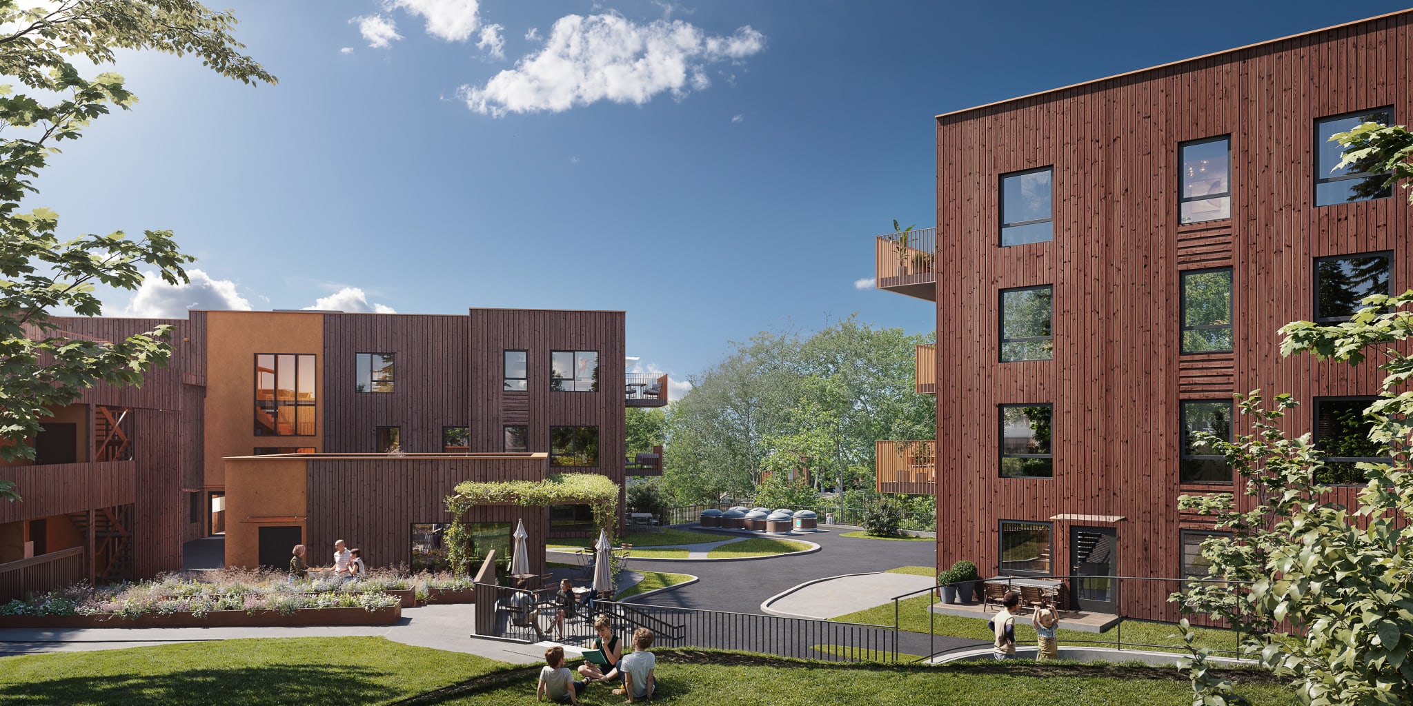 Velkommen til Vallergrenda. Hyggelige grønne fellesarealer mellom byggene. Kun ment som illustrasjon.