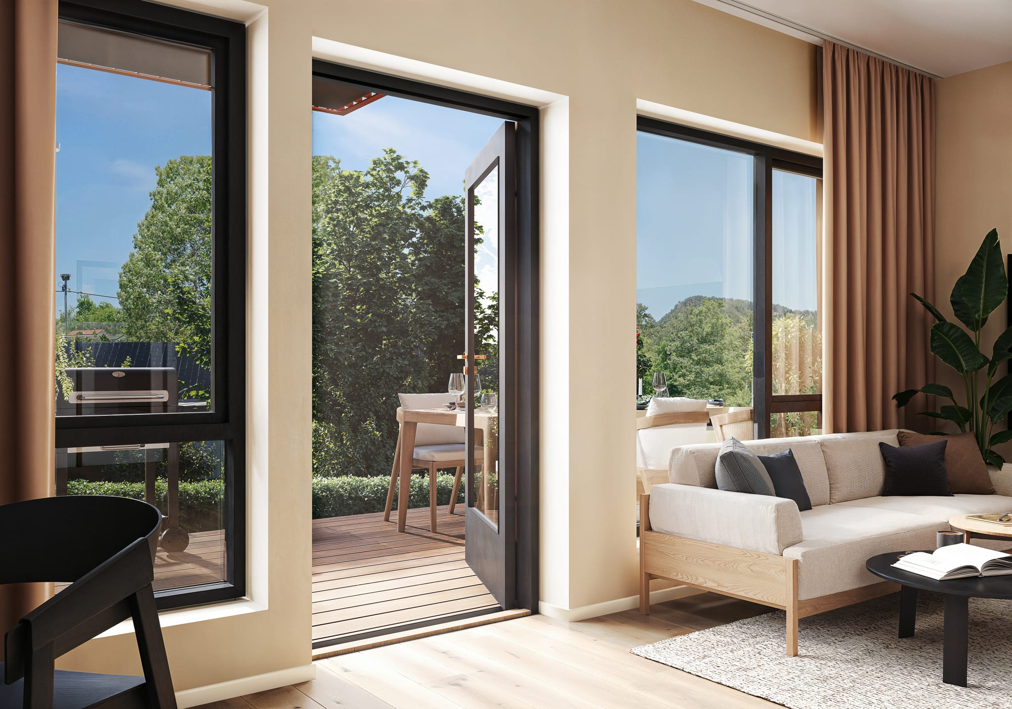 Stue med utgang til vestvendt markterrasse på ca. 21,9 kvm. Kun ment som illustrasjon.