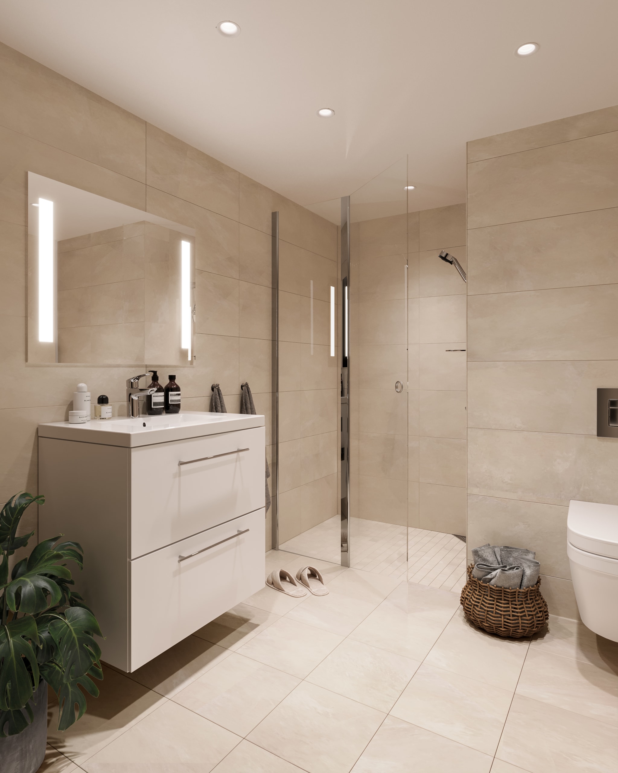 Delikat og pent flislagt baderom. Kun ment som illustrasjon.