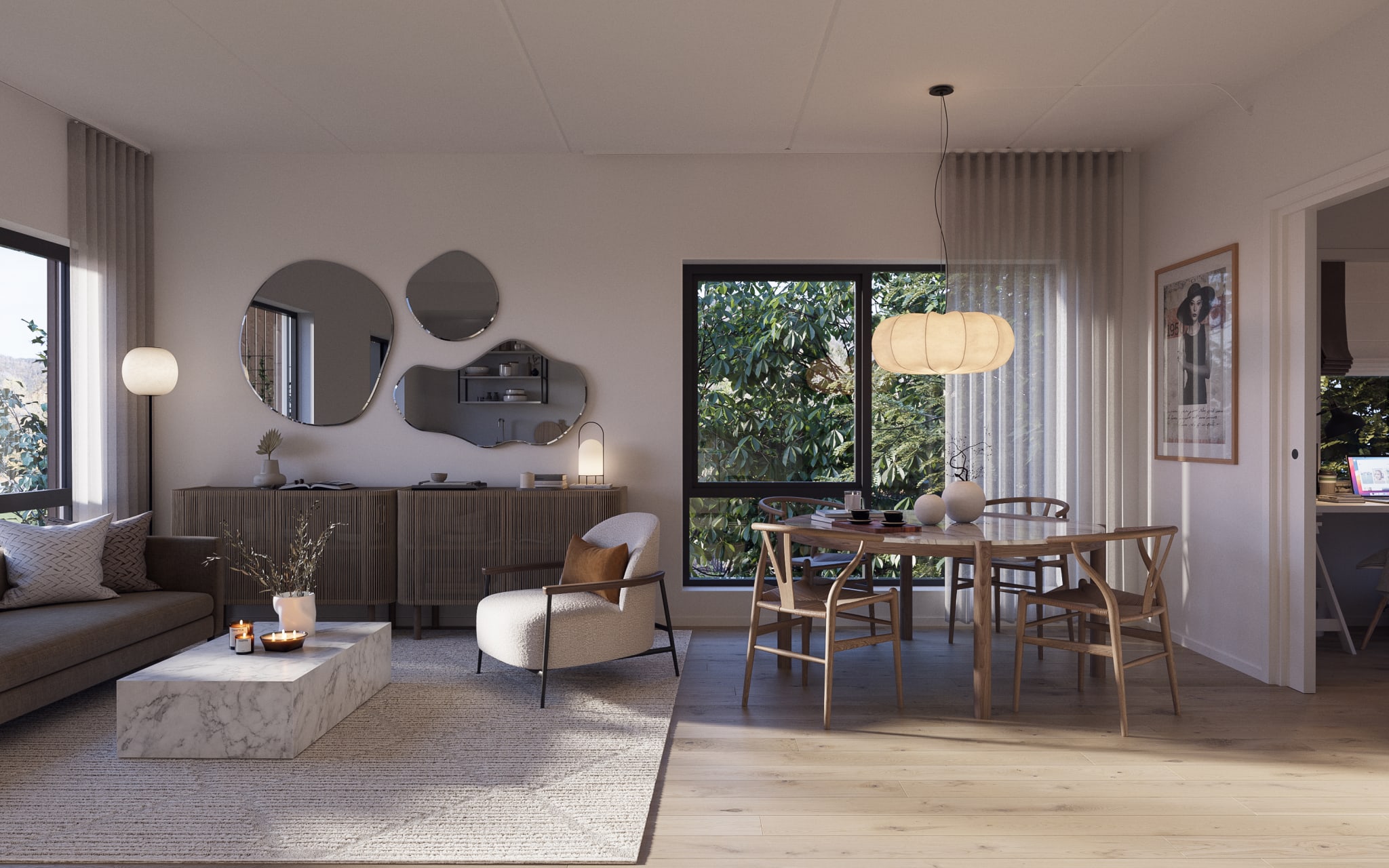 Stue med store vindusflater og utgang til balkong. Kun ment som illustrasjon.