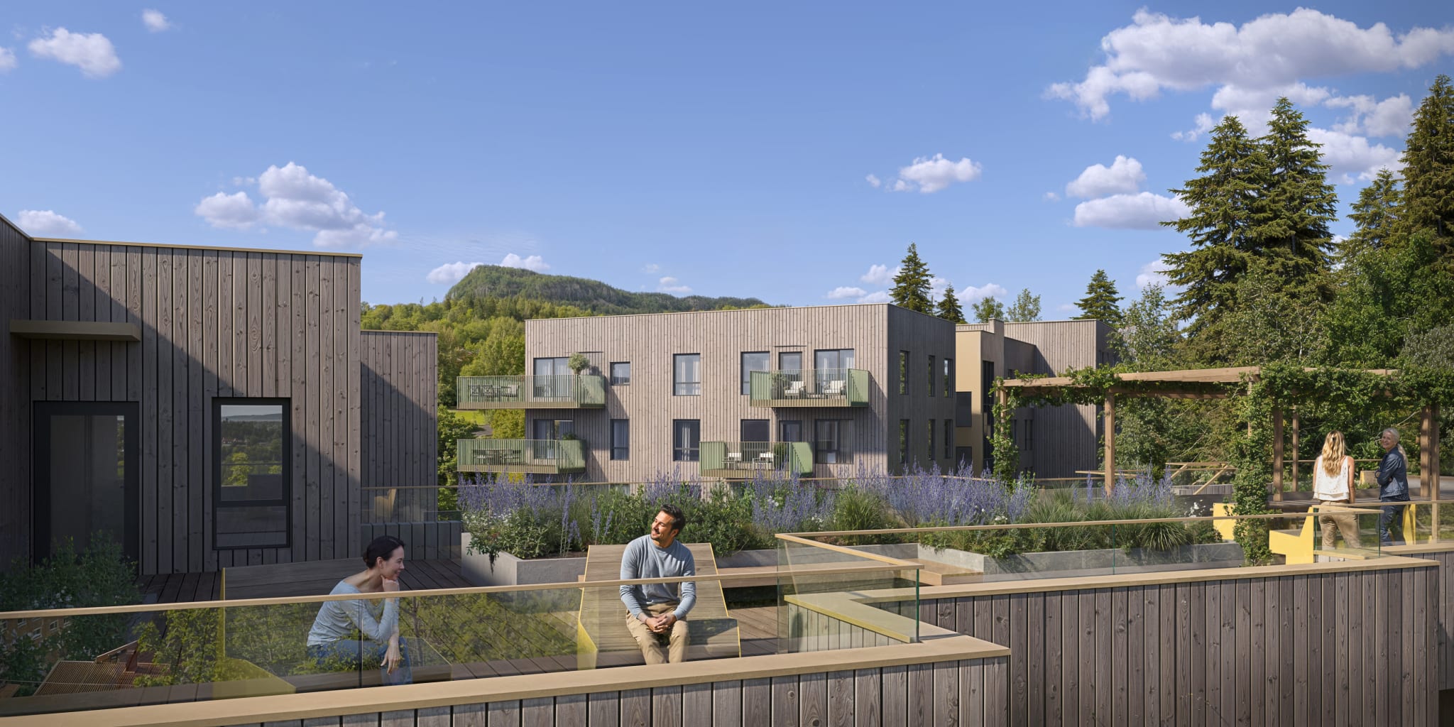 Felles takterrasse med gode sol- og utsiktsforhold. Kun ment som illustrasjon. 